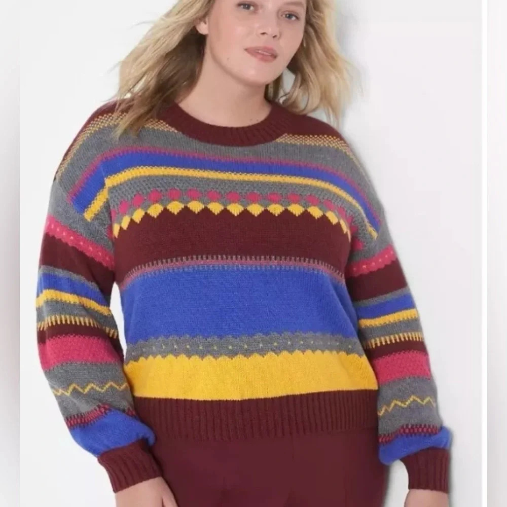 Lane Bryant Plus Crew Neck Fair Isle Sweater Stripe Yellow Red Blue 14/16 1X - Picture 2 of 9